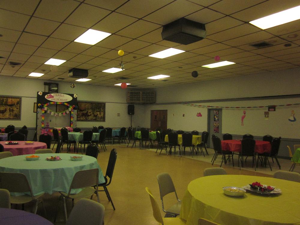 Hall decorated for a Birthday Party